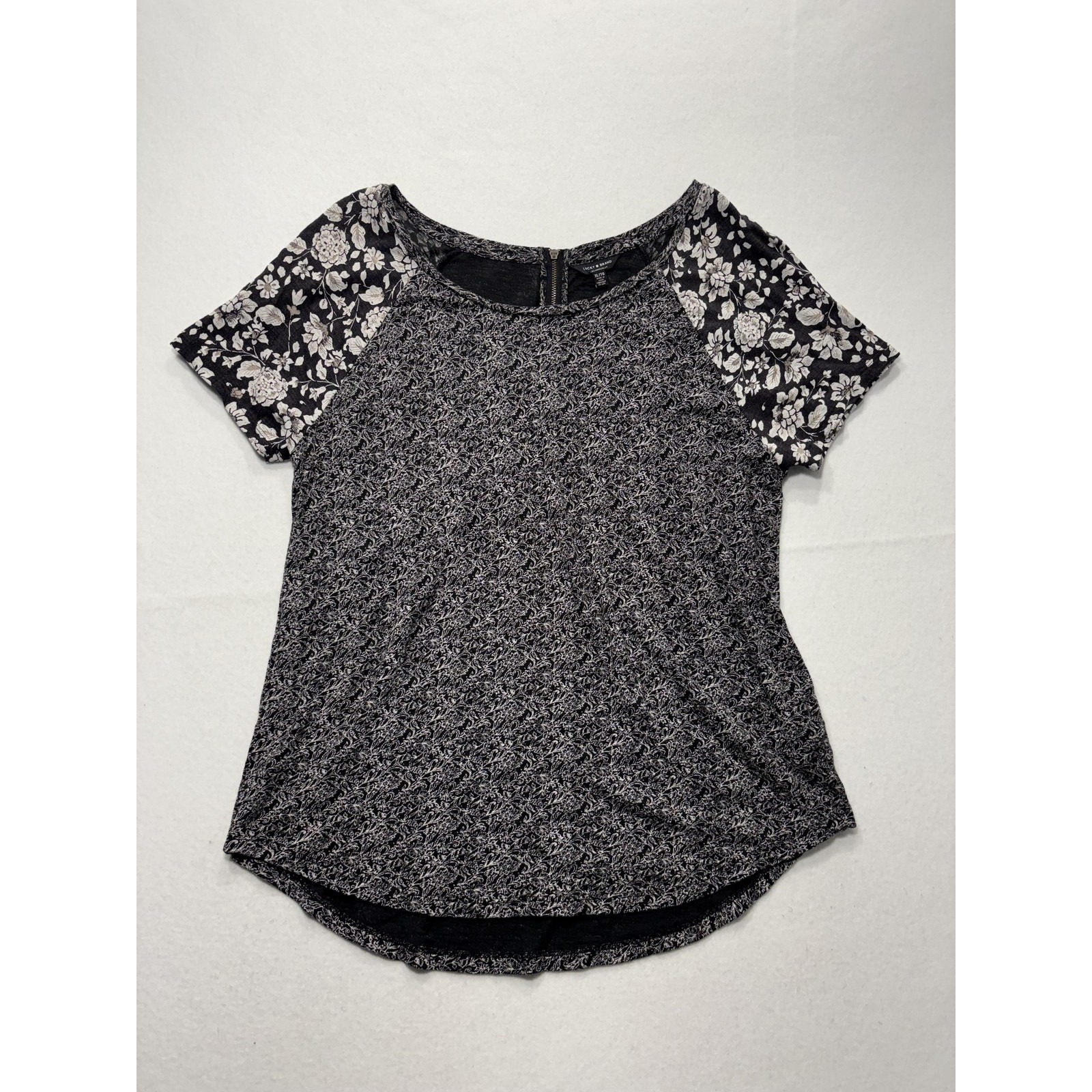 Lucky Brand Blouse Womens Xl Black Floral Raglan Short Sleeve Zip Back Knit Top